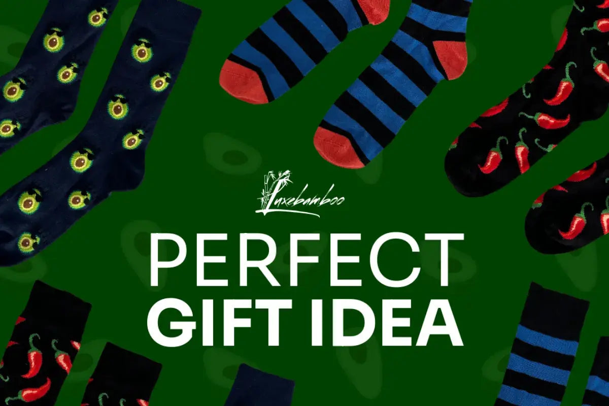 Colorful bamboo socks with avocado, chili pepper, and striped patterns on a green background with the text "Perfect Gift Idea" – LuxeBamboo