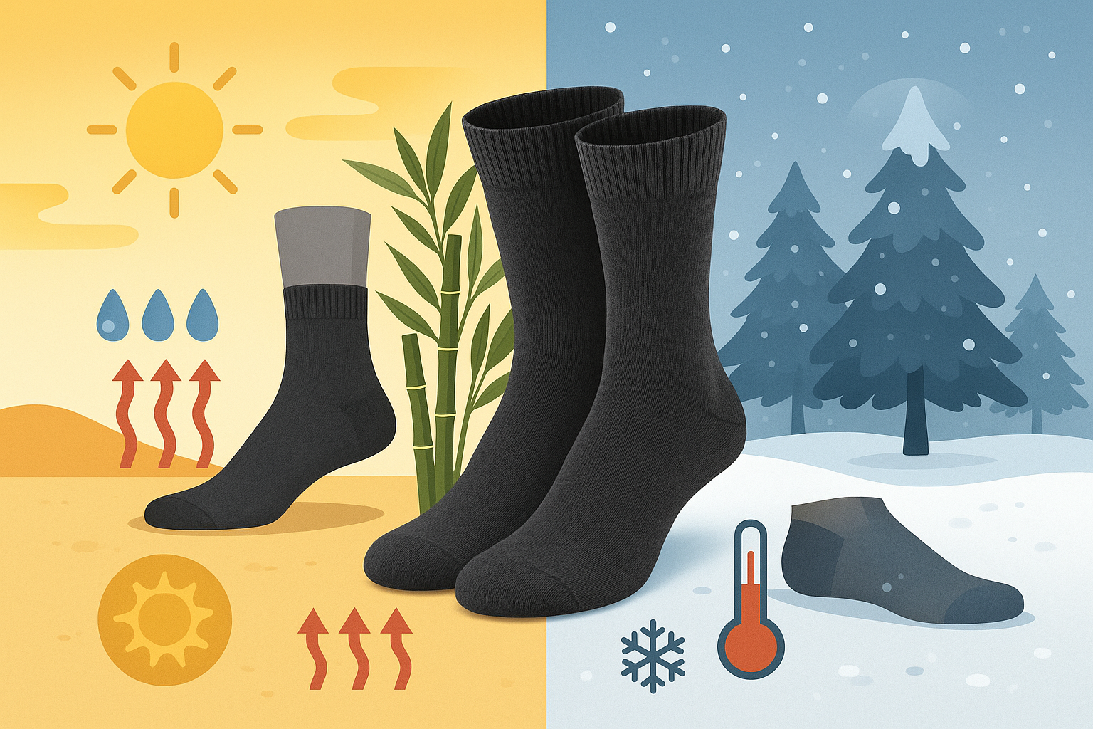 Split-screen comparison showing bamboo socks' performance in summer heat and winter cold, demonstrating thermo-regulating properties for men's comfort