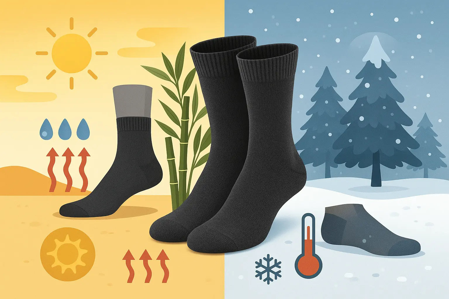 Split-screen comparison showing bamboo socks' performance in summer heat and winter cold, demonstrating thermo-regulating properties for men's comfort