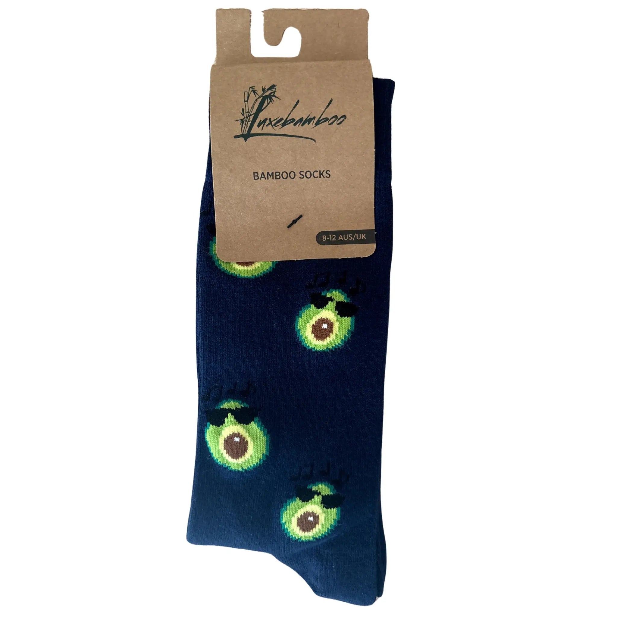 Packaged pair of bamboo socks with avocado print and Luxebamboo label. Ideal as a fun, breathable gift.