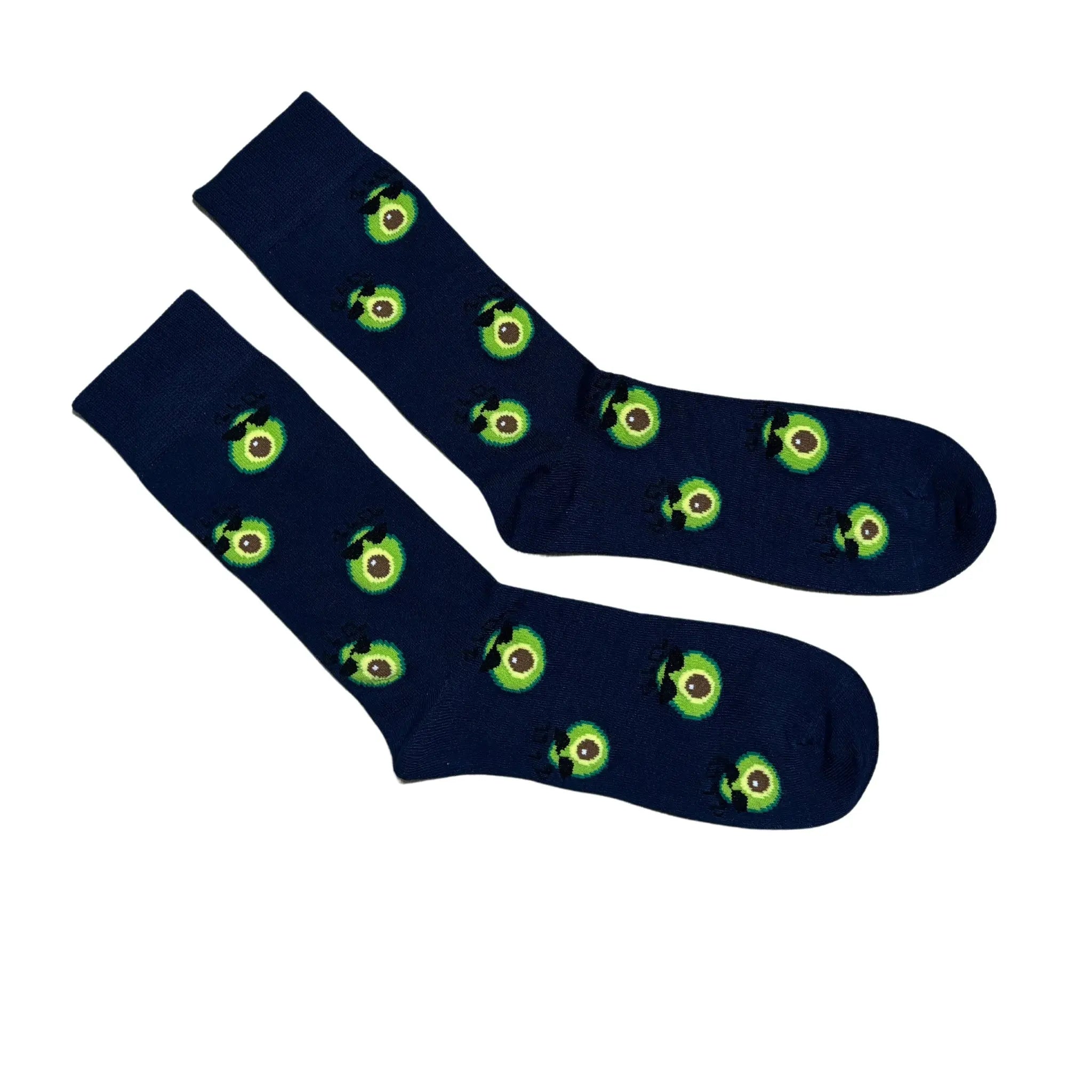 Pair of navy bamboo socks with avocado print laid flat. Soft, breathable and perfect for everyday wear or quirky gifts.