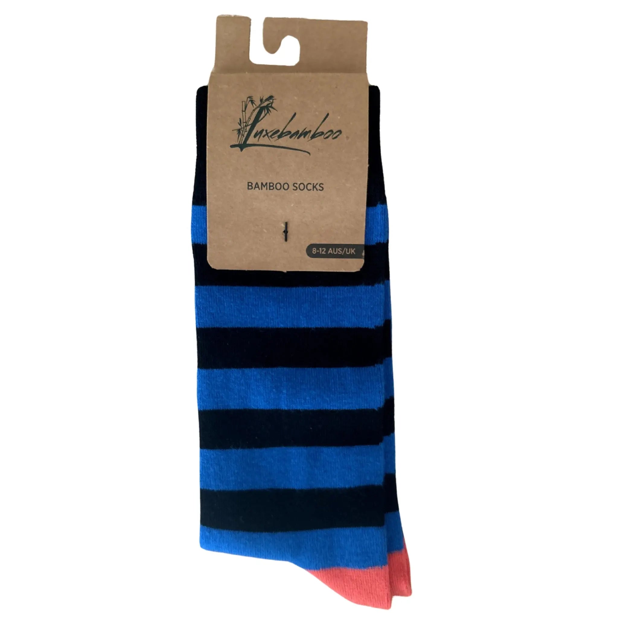 Packaged pair of bamboo socks with navy and blue stripes. Luxebamboo label included. Great for gifts or everyday wear.