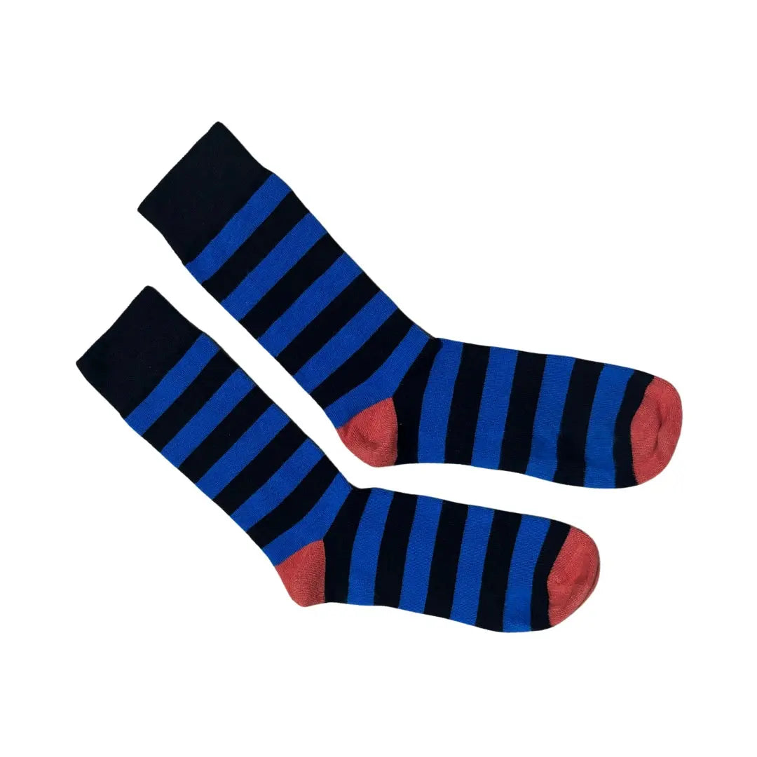 Pair of men’s bamboo socks with navy and blue stripes. Soft, breathable and perfect for everyday wear or gifting.