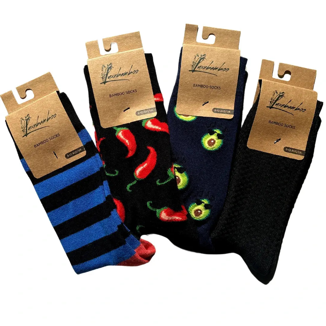 4-pack of men’s bamboo socks. Striped, chilli, avocado, and plain black – gift box set