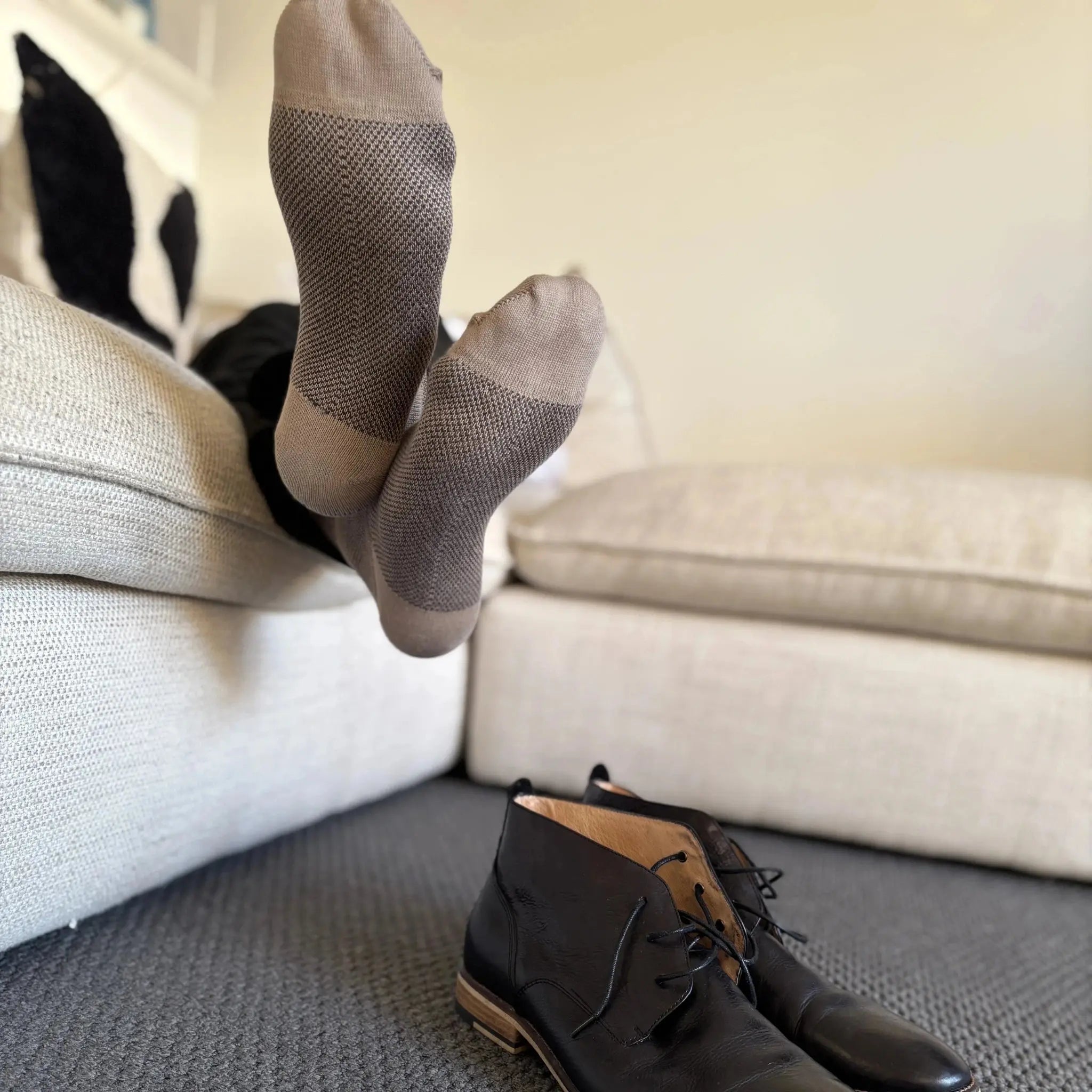 Brown bamboo cotton blend socks worn indoors, soft and cozy for relaxing at home