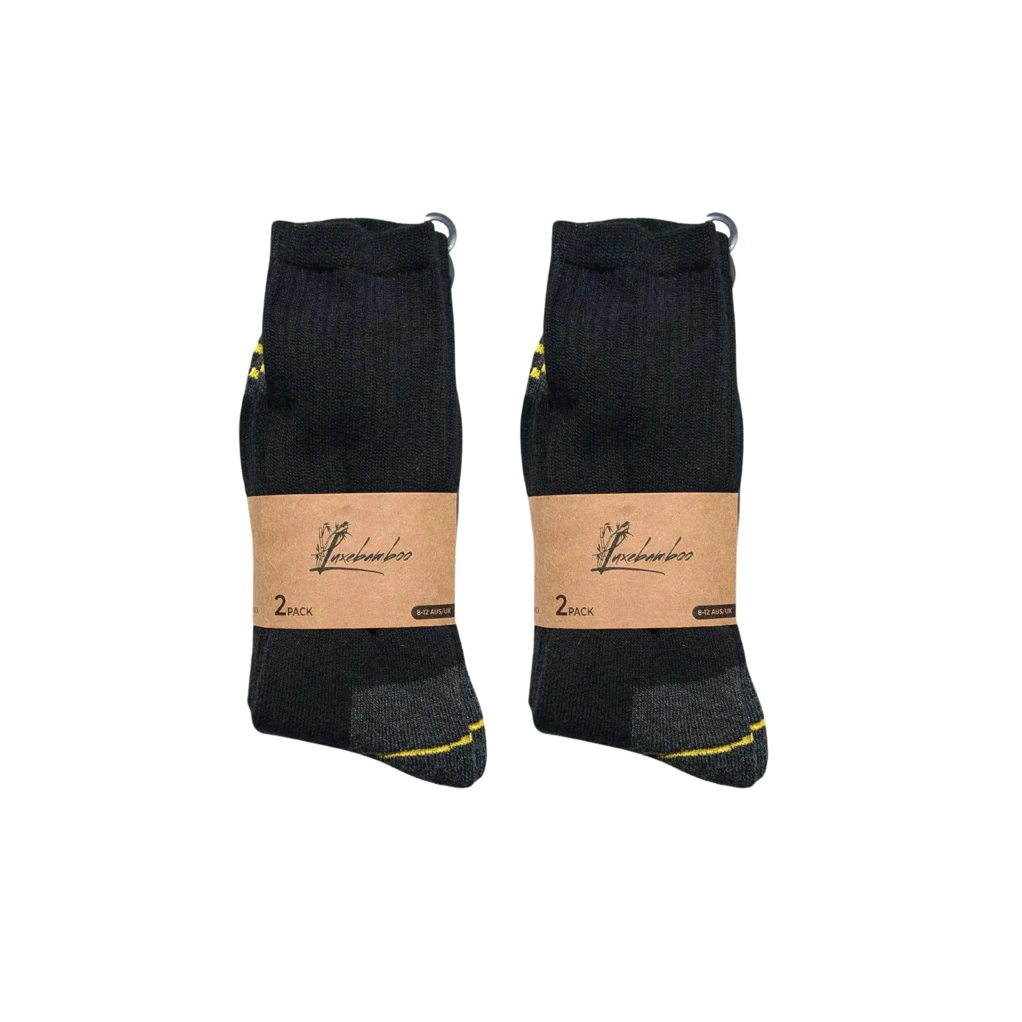 Two pairs of black bamboo socks with a luxebamboo brand label on a white background