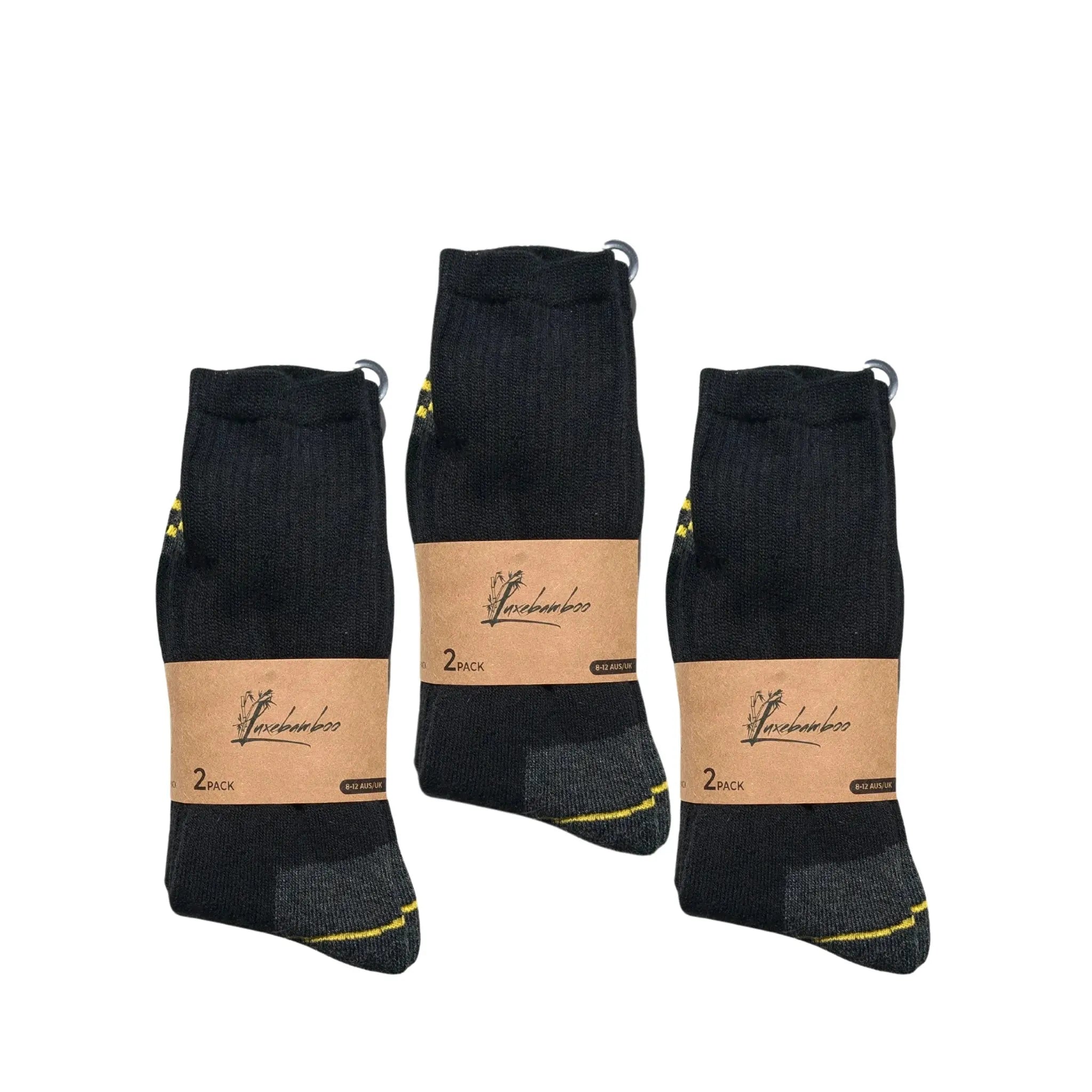 Six-pack of men’s bamboo work socks, bundled in pairs. Breathable, durable, and ideal for tradies or everyday wear.