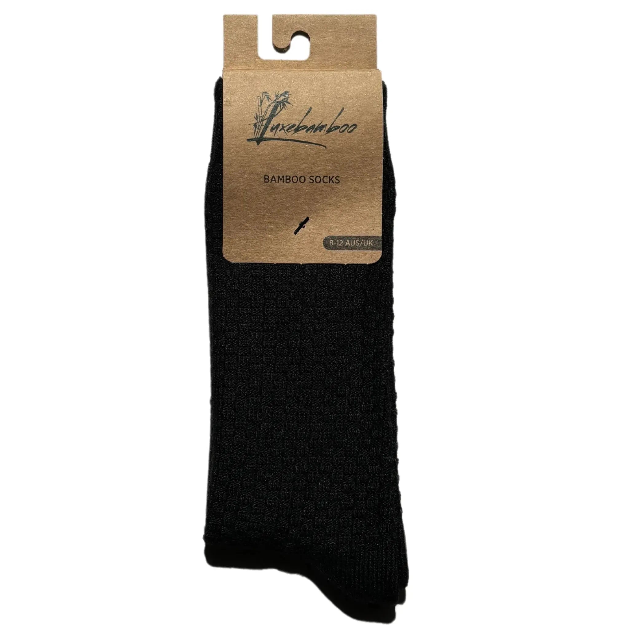 Black bamboo socks with the brand luxebamboo on eco-friendly brown packaging