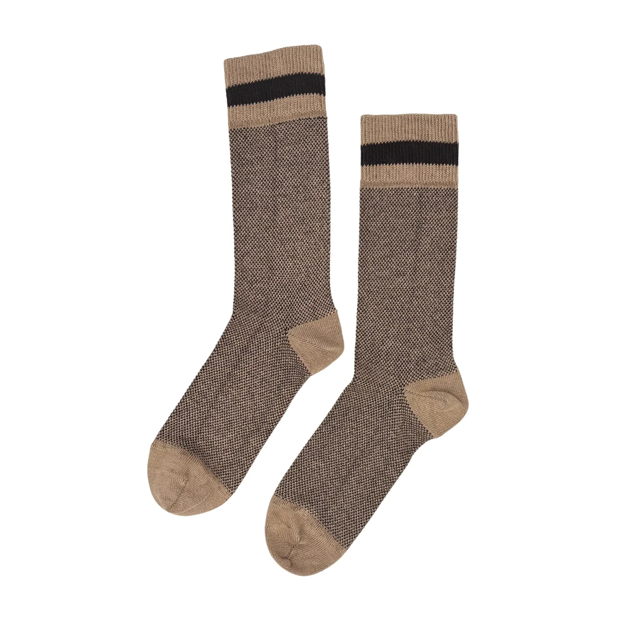 Sandstone-coloured bamboo cotton blend socks with contrasting stripe design, soft and breathable sustainable fashion