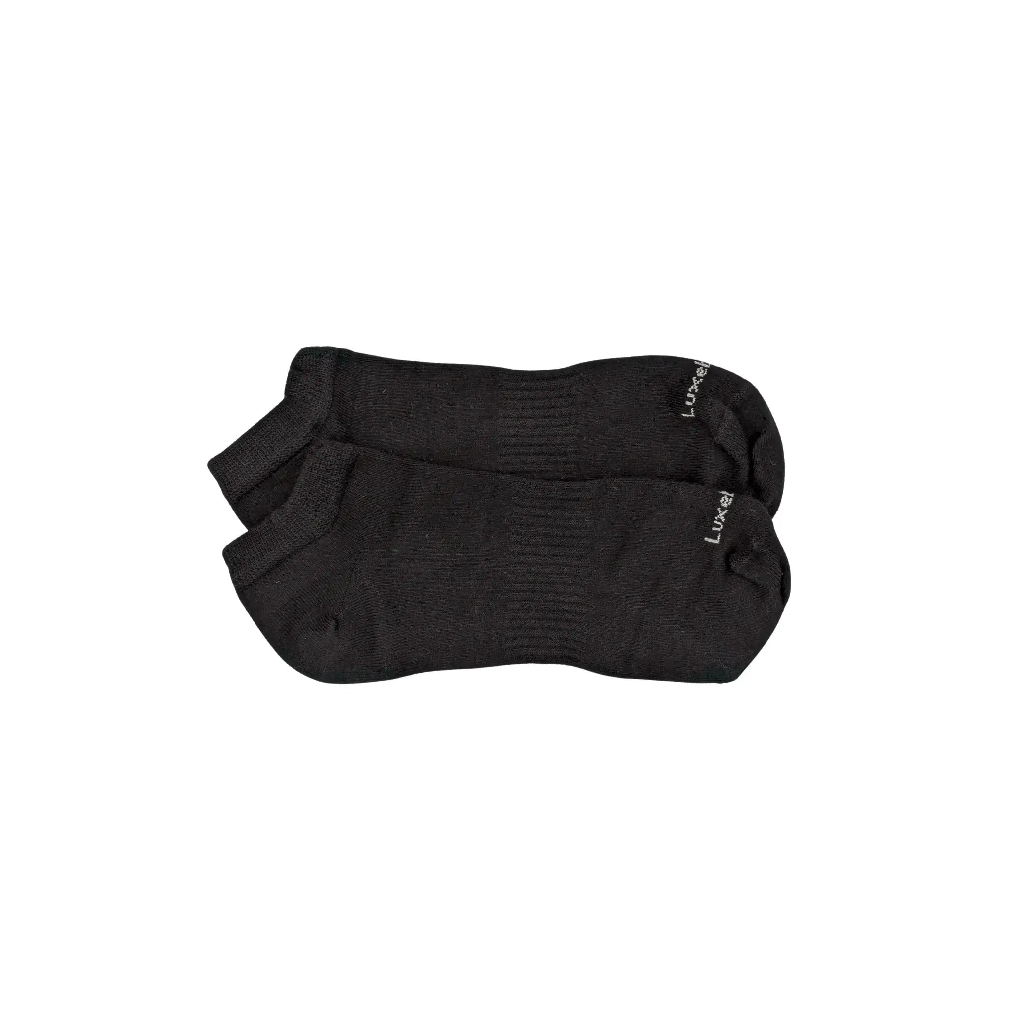 Two black ankle socks with 'Luxebamboo' branding and white background