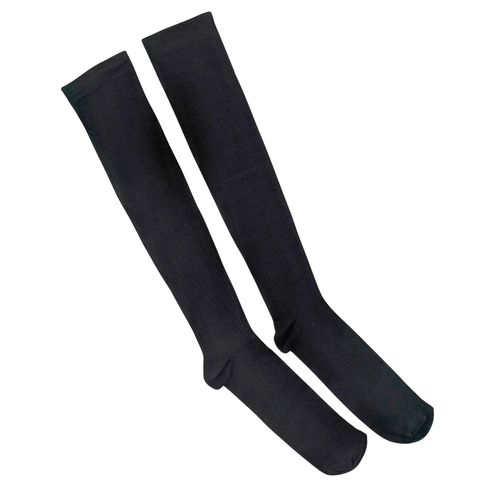 Pair of black knee-high compression socks on a white background