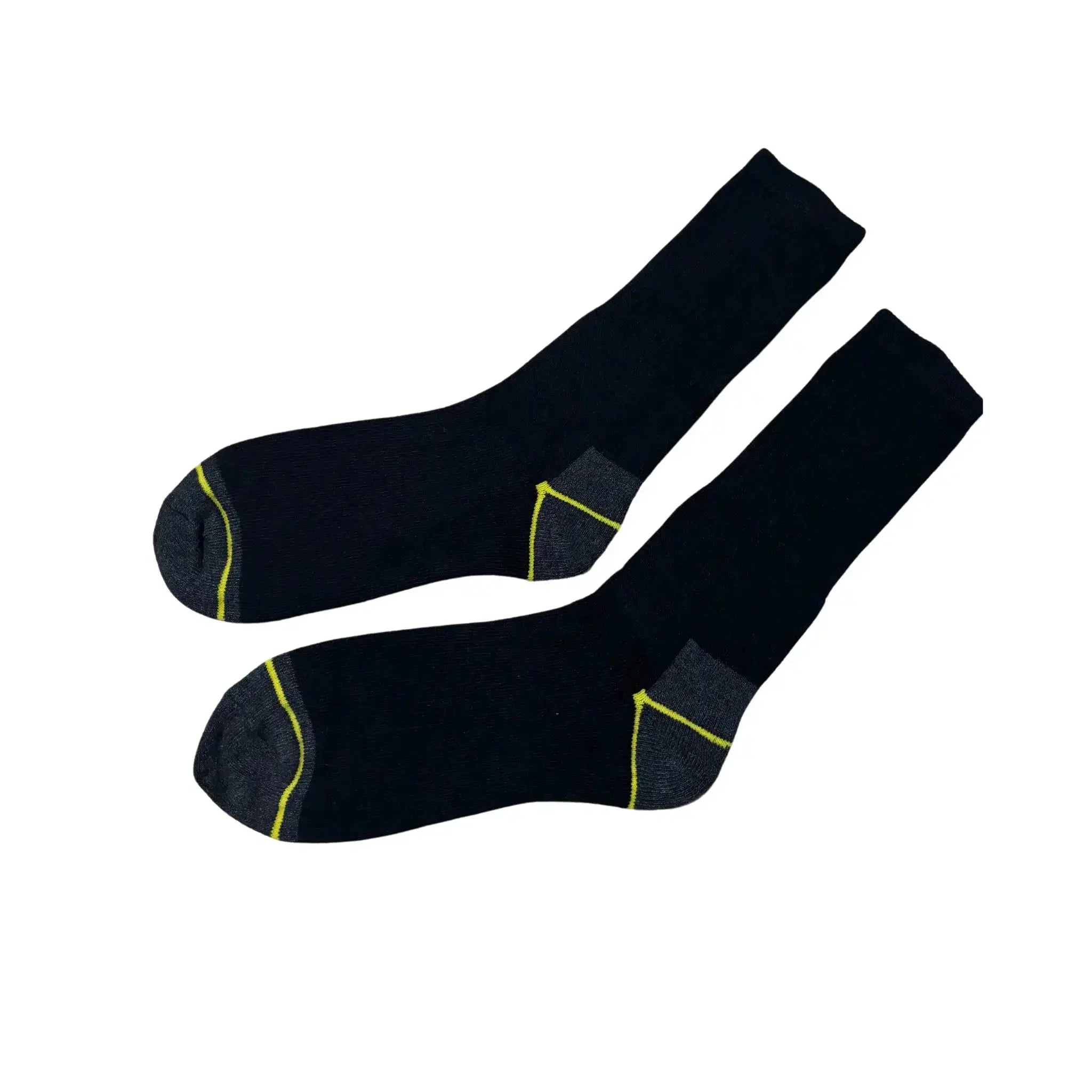 Flat-lay of black bamboo work socks with yellow trim and grey heel, durable and cushioned for heavy-duty wear
