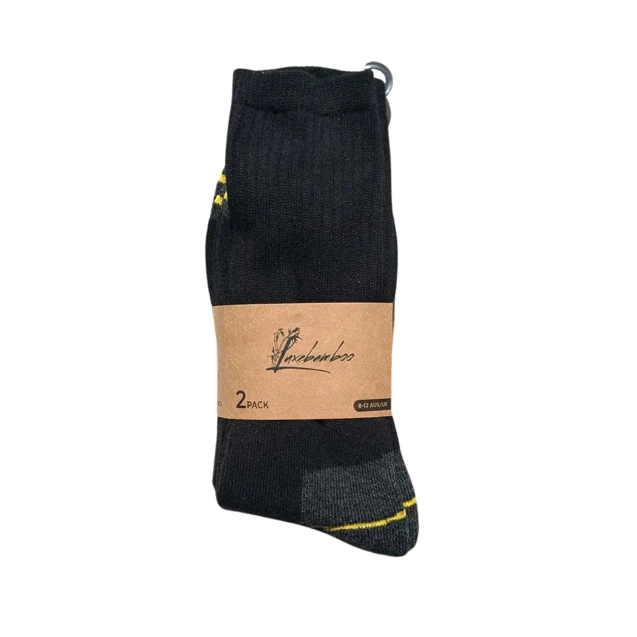 2-pair heavy-duty black bamboo work socks with reinforced soles, durable and breathable for harsh work conditions