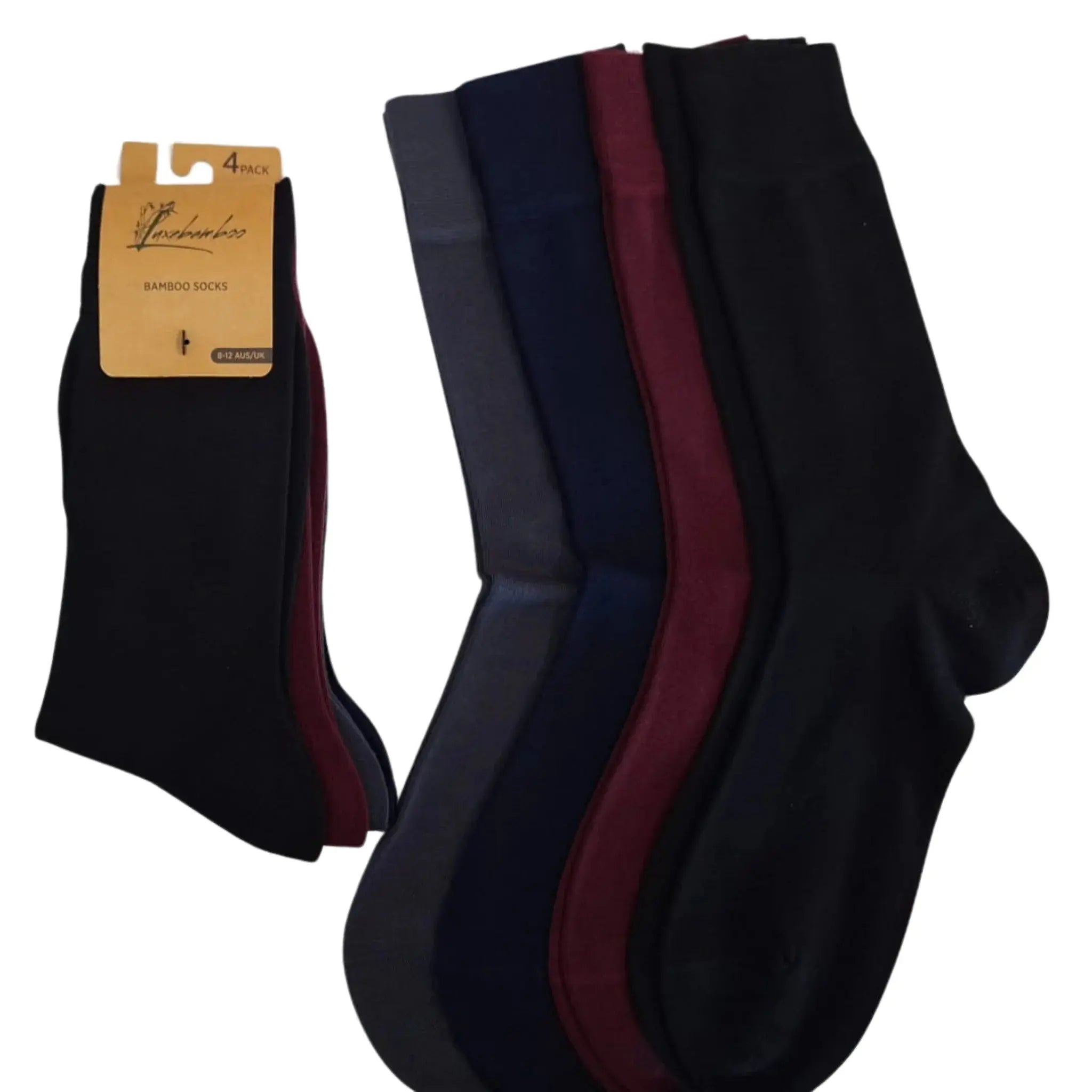 Men's bamboo business socks 4-pack in plain multicolor set: black, maroon, navy, and grey; breathable and premium comfort