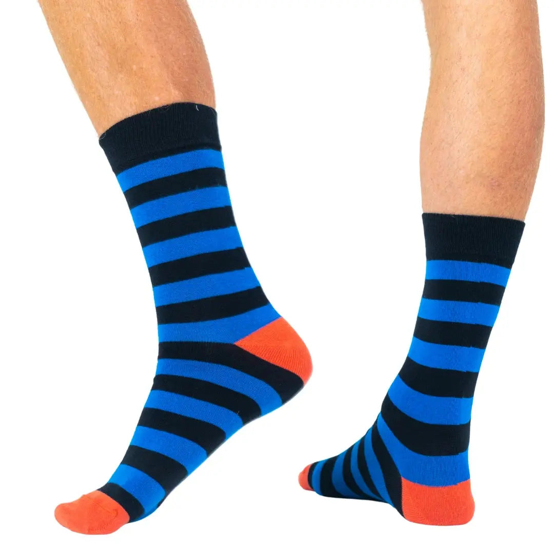 Striped bamboo socks worn on feet. Comfortable, breathable and designed for everyday wear or casual gifting.