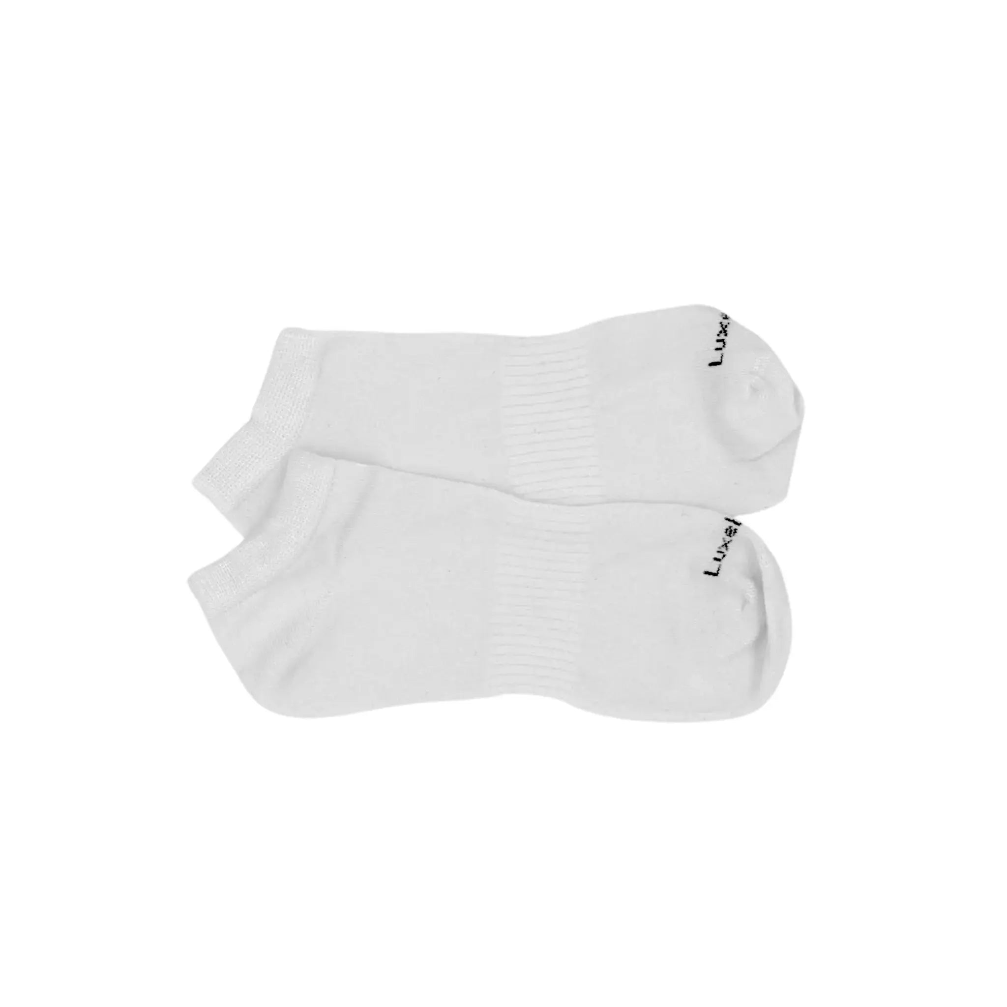 Two white ankle socks with 'Luxebamboo' branding on white background
